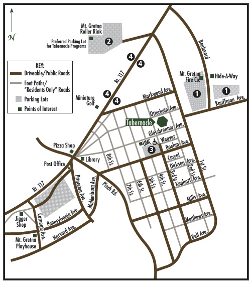 Numbered map of parking areas around the Mt. Gretna Tabernacle