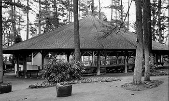 Historic photograph of the Tabernacle exterior among pines